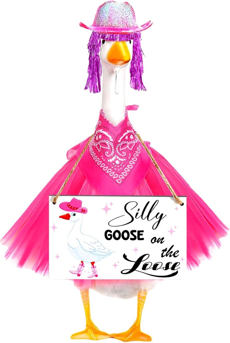 Bafeil Store Cowboy Porch Goose Outfit Set for 23" Cement/Plastic Lawn Goose Statue - Silly Goose on The Loose Sign with Hat, Bandana, Lace Tutu Skirt Funny Wigs for Garden Party Yard Outdoor Decor - Image 1